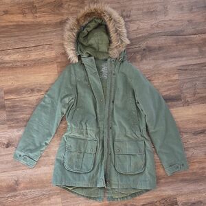 L.L. Bean Olive Utility Jacket with Faux Fur Hood